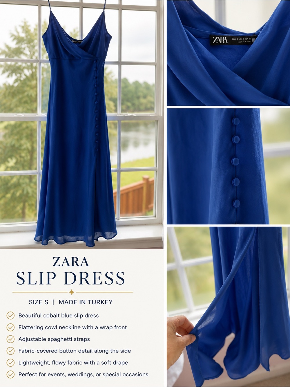 ZARA Cobalt Blue Cowl Neck Slip Midi Dress Size Small Side Button Detail